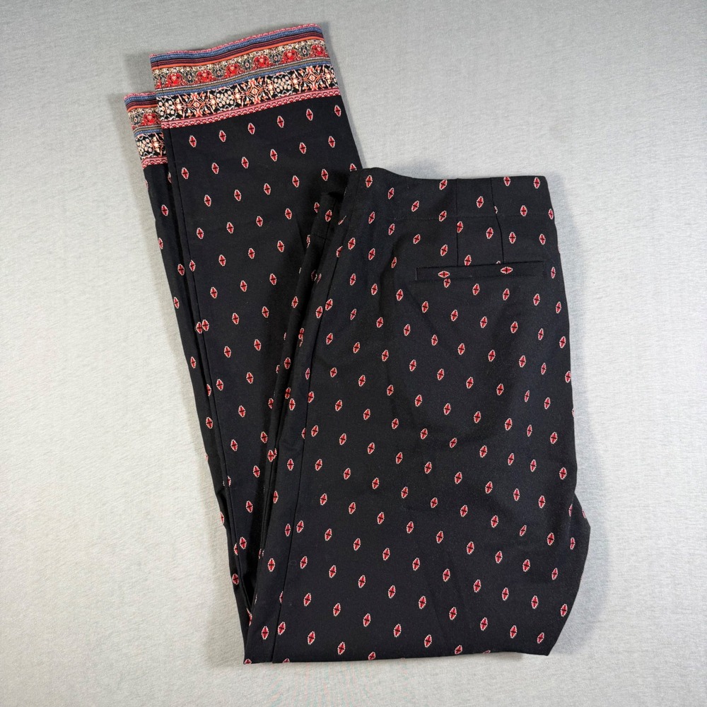J. Jill Premium Bi-Stretch Black Red Diamond Print Boho Border Cuff Pants 12T
